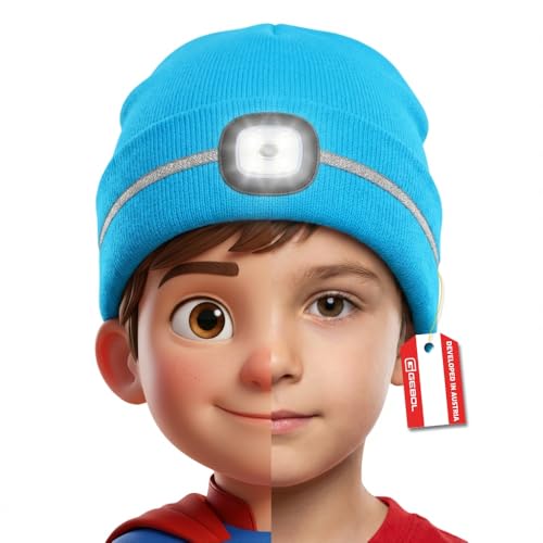 Gebol Haube LED Kinder 1 Stück Beanie mit Licht & Reflektionsstreifen für Sicherheit USB wiederaufladbar Wintermütze mit 4 Leuchtmodi Universalgröße blau