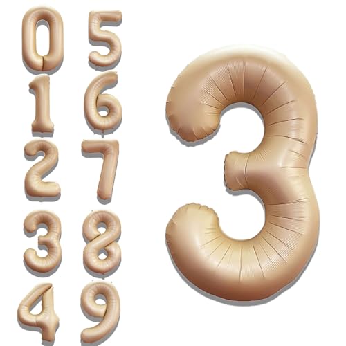 Image of Solid Beige 3 Number Foil Balloons 32 inch 3rd Birthday Party Decoration Helium Supported