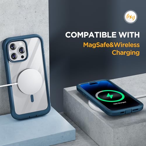 Image of Miracase Magnetic for iPhone 14 Pro Case 6.1 inch, (Compatible with MagSafe) Upgrade Full-Body Clear Phone Bumper Case with Built-in 9H Tempered Glass Screen Protector,Storm Blue