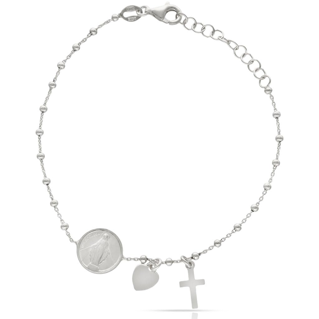 Pulsera Religiosa de Plata 925, Medalla Virgen Milagrosa con Cruz San Benito y Corazón, 16.5cm + 2.5cm Extensible, Bolitas de 2mm, Estilo Espiritual