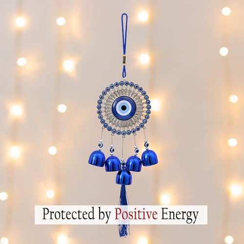 Image of Blue Evil Eye Wall Hanging with 5 Bells, Traditional Protection Charm, Decorative Tassel Ornament| Home Decor| Vastu| Nazar Protection|