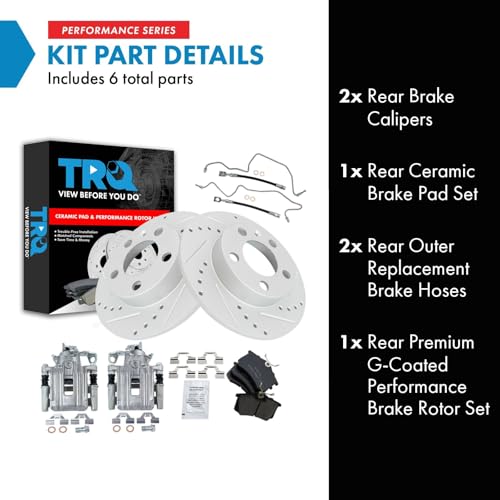 Image of TRQ Performance Rear Brake Pad and Rotor Set Ceramic Slotted Drilled Calipers Compatible with 1999 Volkswagen Jetta