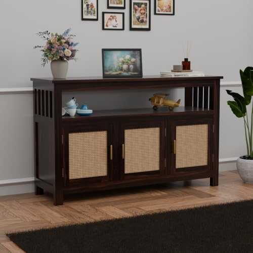 Image of Solid Sheesham Wood Sideboard for Living Room with Cane Doors | 3-Door Storage Unit with Open Shelf | Buffet Cabinet for Dining Room, Entryway & Hallway | Walnut Finish | 140 x 40 x 82 cm