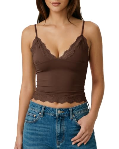 QINSEN Women's Double-Layer Cami Top – V-Neck Lace Trim Crop Tank