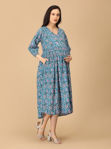 Image of The Mom Store Maternity and Nursing Dress | Pre and Post Pregnancy Dress for Womens | Zipper /Button Opening | Causal Wear | Trendy Stylish Causal Dresses for New Moms