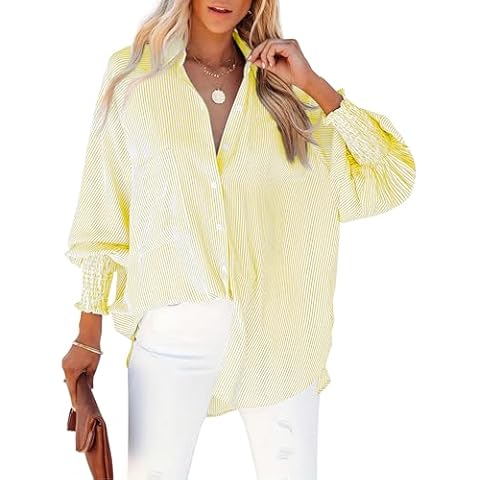 HOTEVE Yellow Long Sleeve Shirt Women Oversized Button Down Shirts for Womens Smocked Cuffed Striped Boyfriend Trendy Tops Lemon Yellow 17 Size M Cover
