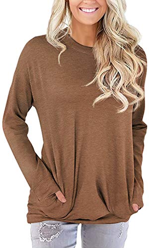 YSYOKOW Womens Casual Loose Shirts Long Sleeve Blouses Tunic Tops with Pockets(Brown, 3X-Large)