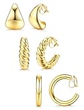 BESTEEL 3Pairs Clip on Earrings for Women Trendy Hypoallergenic 14K Gold Plated Chunky Tube Croissant Waterdrop Clip-on Hoop Earrings Set Fake Jewelry Non Pierced Ears