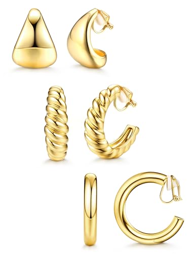 BESTEEL 3Pairs Clip on Earrings for Women Trendy Hypoallergenic 14K Gold Plated Chunky Tube Croissant Waterdrop Clip-on Hoop Earrings Set Fake Jewelry Non Pierced Ears