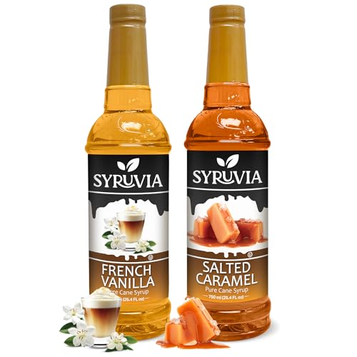 Syruvia Coffee Syrup Variety Pack - French Vanilla & Salted Caramel- Gluten-Free, Kosher, 25.4 fl oz Bottles - Enhance Your Coffee Experience with Premium Flavoring Syrups