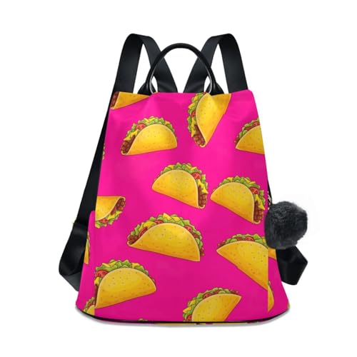 Sac à dos imprimé Tacos jaune avec poignée en cuir noble et pompon fantaisie