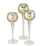 Baby Gold Long Stem Candle Holders, Set of 3, Round Cups, Clear Riser, Hand Lacquered Glass, 8.75, 7.75 and 7 Inches Tall