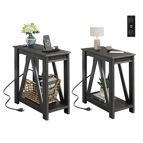 Image of WLIVE End Tables Living Room Set of 2 with Charging Station, Sofa Side Tables with Open Storage Shelf, Slim Farmhouse End Table Sets, Charcoal Black