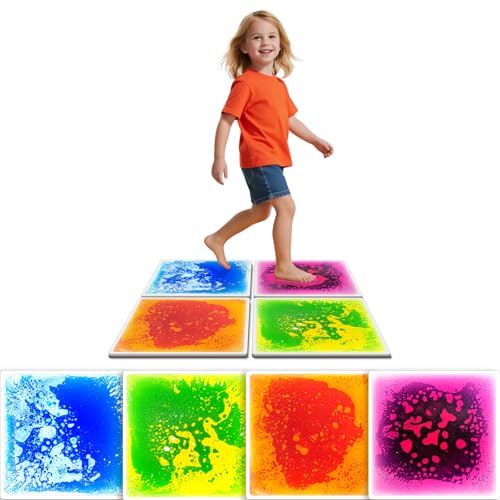 JUEOQOY Liquid Sensory Floor Tiles for Kids Ages 3+ 12 Step-On Tiles with Non-Slip Base Interactive Color-Flow Assorted Colors Sensory Path Starter Set (4-Pack)