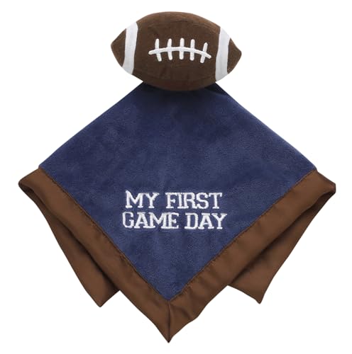 Image of Plush 13 in. Snuggle Buddy Blanket with Rattle and Satin and Embbroidery, My First Game Day Football for Baby (Navy Blue and Brown)