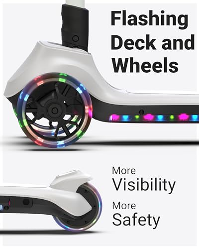 ELECOSMOS Safe Electric Scooter for Kids 4+, Balance for Beginner, Thumb Throttle, Flash Deck, Extra Wide Light Up Big Wheels, Adjustable Heights, 5 MPH Safe Speed, UL2272 Certified