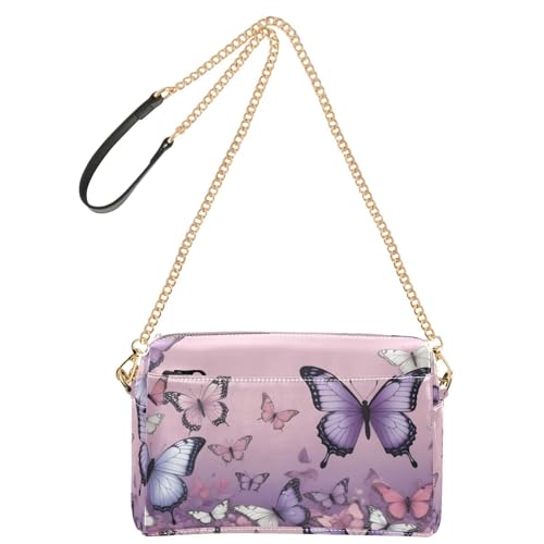 Purple Butterflies Women's PU Leather Crossbody Bag Shoulder Handbag Cellphone Purse with Metal Chain Strap Water Resistant Zipper Closure