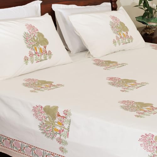 Image of Darakht Premium Hand Block Printed Bedsheet | Bed Spread Flatsheet Bed Sheet | Pure Cotton | Double Bed Queen Size 90 inchx108 inch | 300 TC Long Staple Cotton | 2 Pillow Covers | Tree Print
