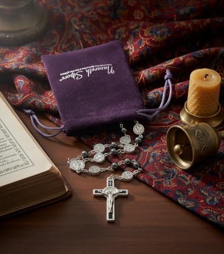 Nazareth Store ST Saint Benedict Hematite Rosary Metal Beads Catholic Necklace Stainless Medal and Cross Holy Prayer Rosaries For Men Women