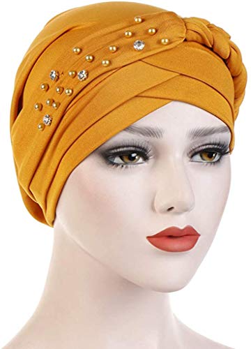Women Girls Turban Hat, Rhinestone Pearl Braid Turban Head Wrap Baggy Slouchy Beanie Chemo Cap Headwear Hair Wrap Yellow #TOP1