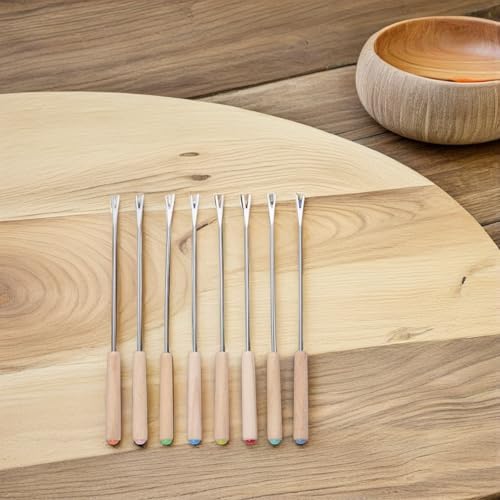 ARTSEWPLY Fondue Forks Color-coded 12pcs Stainless Steel with Oak Wood Handles, 9.43 Inches Long Reusable Skewers Comfortable Grip and Easy to Clean for Cheese and Chocolate for Parties — view 5