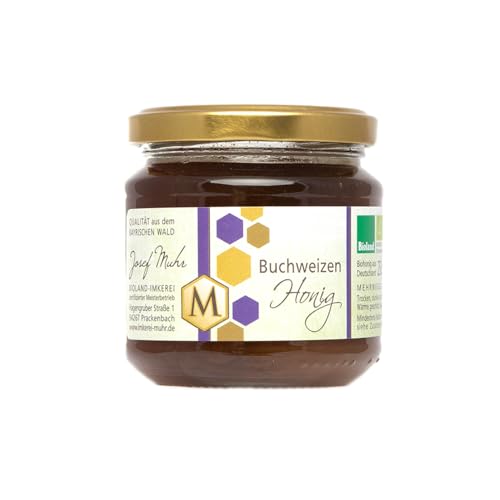 Josef Muhr BIOLAND Buchweizenhonig 250 g – Deutscher Bio Honig, kräftig-malzig & dunkel, naturbelassen aus nachhaltiger Imkerei – Intensiver Geschmack im Glas