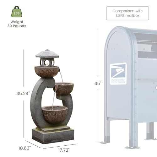 Takamota Outdoor Water Fountain with LED Lights, 3-Tier Zen Garden Fountain for Patio, Yard & Porch Decor – Durable Resin Waterfall Feature with Modern Japanese-Style Design, 35” Tall