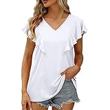Camiseta de manga corta con volantes para mujer, con cuello en V, holgada, de gran tamaño, estilo casual, de manga corta, blanco, S