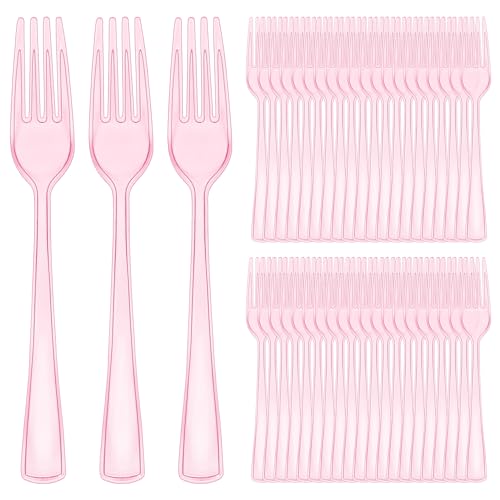 100 Pcs Pink Plastic Forks Disposable Cutlery Heavy Duty Forks 7.3 Inch Plastic Silverware Utensils for Party Birthday Wedding Baby Shower Halloween Thanksgiving Daily Use