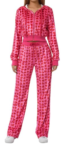 Recious Womens Sexy 2 Pieces Velvet Heart Printed Zipper Hooded Jackets Bodycon Pants Party Clubwear Tracksuit Outfits Set