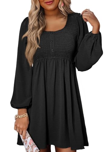 Dokotoo Womens Dresses 2026 Spring Long Sleeve Crewneck Buttoned Empire Waist Casual Smocked A-Line Flowy Mini Black Dress Wedding Guest Dress Dress X-Large