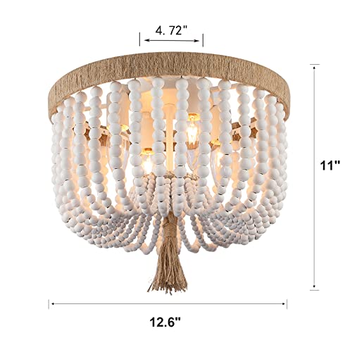 Kaerdi Beaded Light Fixture Flush Mount Ceiling Light White Bohemia Antique Farmhouse Wood Boho Chandelier For Kitchen Island Bedroom Dining Room Entryway Hallway，4-Light #TOP2