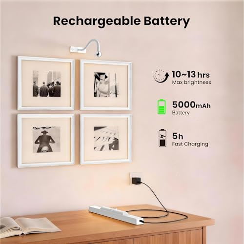 Image of Cordless White Picture Lights for Wall Artworks - Wireless Remote, 3 Modes Dimmable 350LM Above Frame Lighting, 5000mAh Rechargeable Battery Wall Mount for Photo, Gallery,Paintings,Dartboard(2-Pack)