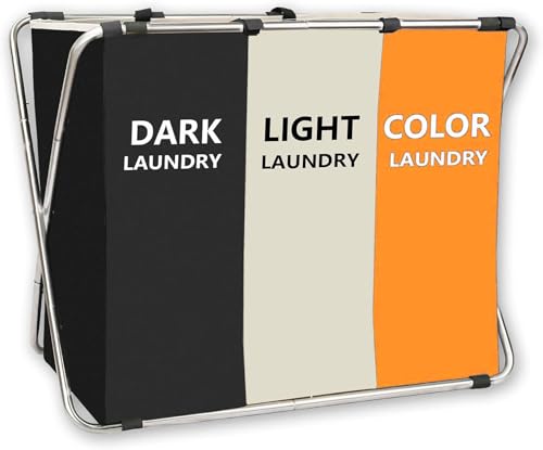 150L Laundry Cloth Hamper Sorter Basket Bin Foldable 3 Sections with stainless steel Frame Washing Storage Dirty Clothes Bag for Bathroom Bedroom Home Storage Basket (Black+yellow+grey)