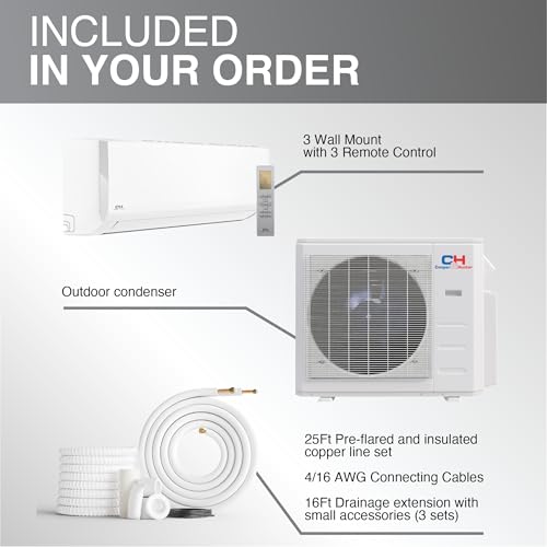 Cooper & Hunter 36,000 BTU Tri 3 Zone 12K + 12K + 18K Wall Mount Ductless Mini Split AC & Heat Pump – Smart Kits & 25FT Installation Kits – 24 SEER2 Inverter System - Pre-Charged