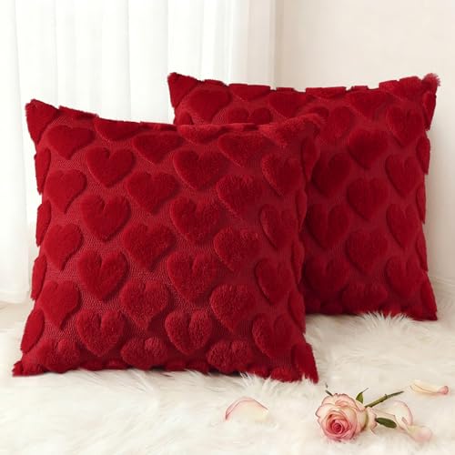 Image of decorUhome Valentine's Day Soft Plush Throw Pillow Covers 18x18 Inch Set of 2, Faux Fur Red Heart Decoration Neutral Square Pillow Covers for Couch Sofa Bed Cozy Farmhouse Holiday Decor