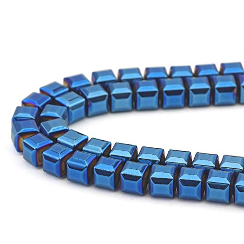 COIRIS 100 Pcs Blue Plated Hematite Gemstone Loose Beads Square Cube 88MM Beads 2 Strand Crystal Energy Stone Healing Power for Jewelry Making(ZS-1211-Blue8)