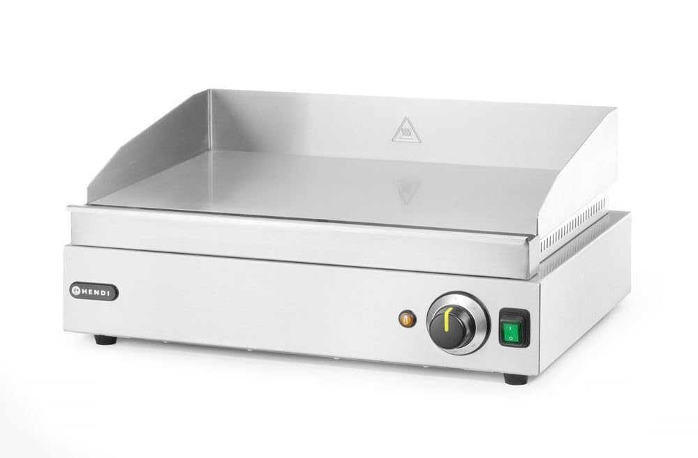 HENDI Plancha de asar eléctrica lisa, grill parrilla con bandeja de goteo extraíble, temperatura regulable hasta 300°C, 230V, 2400W, 550x380x(H)240mm, acero inoxidable