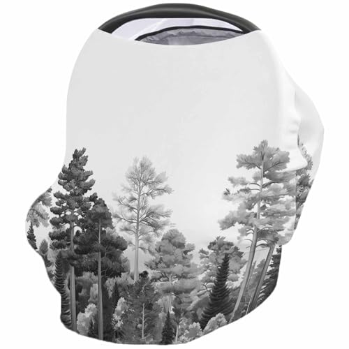 Nursing Cover for Breastfeeding Scarf, Gray Pine Tree Forest Watercolor Modern Art Baby Car Covers Super Soft Multi Use for Canopy Shopping Cart Cover Blanket Stroller Cover