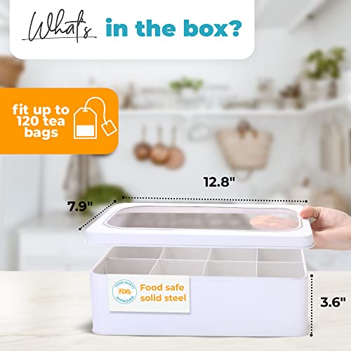 Saratoga Home Tea Storage Organizer - Metal Tea Chest For Kitchen, Store & Sort 120+ Teabags, Tea Storage & Organizer Solution, Tea Box, Tea Storage Box, Tea Bag Organizer, Tea Bag Storage, White #TOP4