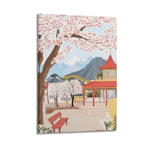 Poster Japon Vintage Mont Fuji Cerisiers Art Murale sur Toile Déco Moderne