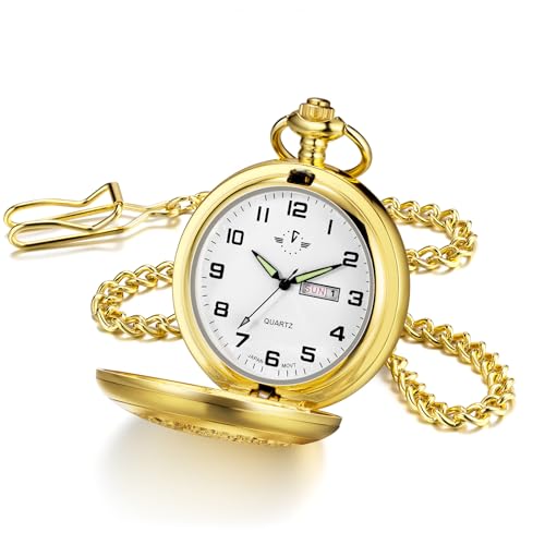 Image of BOSHIYA Smooth Quartz Pocket Watches for Men Classic Arabic Digital Luminous Dial & Day Date Pocket Watch with Chain Christmas Graduation Birthday Gifts