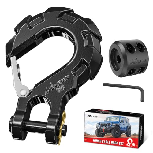 Image of Nilight Forged Steel Winch Hook 3 /8 inch Grade 70 Safety Latch Winch Cable Hook Stopper & Clevis Slip Hook Sets, Included Allen Wrench,Max 35,000 lbs,Black