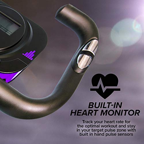 BulbHead Upgraded Slim Cycle Ultra Stationary Folding Indoor Bike with Arm Resistance Bands and Heart Monitor-Perfect Home Exercise Machine for Cardio, Purple