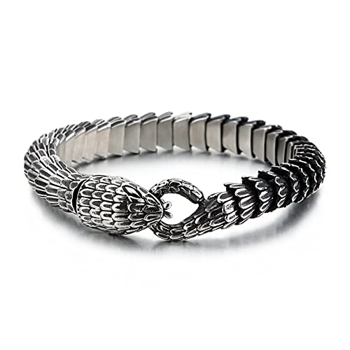 Ouroboros - Jormungandr Viking Bracelet, Men Stainless Steel Heavy Handmade Punk Vintage Biker Snake Wrist Chain, Novelty Nordic Serpent Dragon Amulet Ethnic Jewelry Cuff Bangle