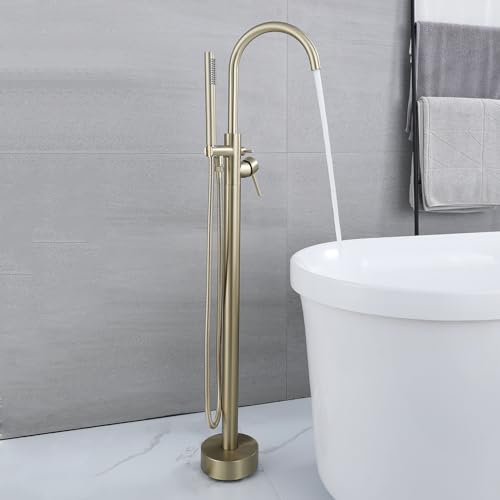 Douche autoportante or brossé pour sublimer une salle de bain avec baignoire îlot
