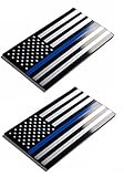 Muzzys-Set of Two-Aluminum Thin Blue LINE American Flag Decal Emblem Sticker Badge 3.2'x1.75' United States Back The Blue Universal StickOn Car Truck Bumper Window Glass USA