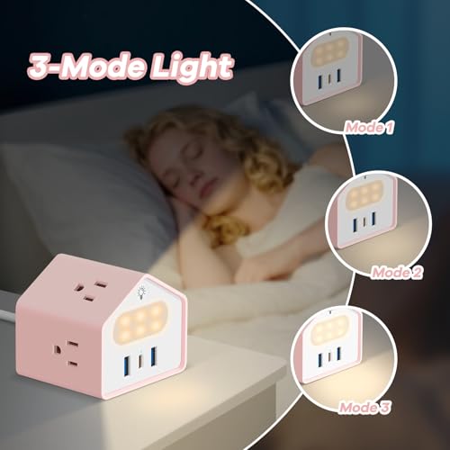 Lovely-Pink Power Strip with Night Light - Kawaii USB C Power Strip Desk Accessories - 4 Outlets 3 USB Ports - Dinky Surge Protector Plug Extender for Home, Office, Dorm, Travel, Hotel, Women, Girls