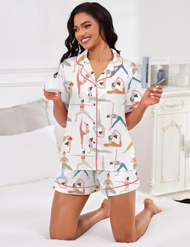 Image of SHESHOW Pajamas for Women Set Satin Button Down Short Sleeve Top and Shorts Pjs Sets Sport Ball Print Sleepwear XS-XXL