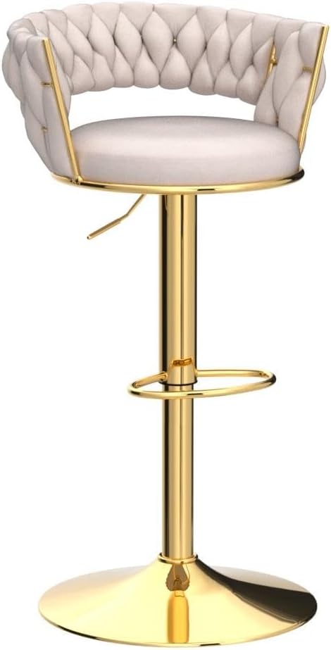 ABET Gold Bar Stool Set of 2, Velvet Swivel Barstools, Height Adjustable Counter Stools with Woven Backrest, Upholstered Modern Luxury Kitchen Stools with Footrest for Cafe, Pub, Beige